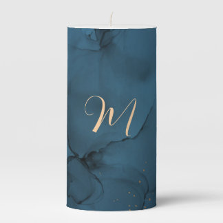 Monogram Elegant Royal Blue Marble Pillar Candle