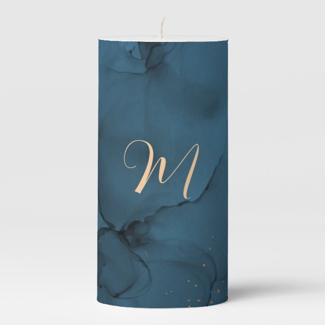 Monogram Elegant Royal Blue Marble  Pillar Candle (Front)
