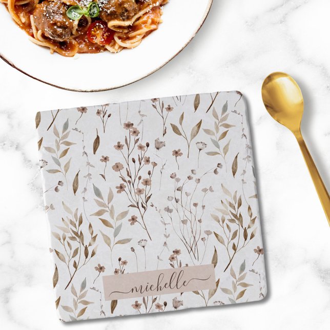 Monogram Elegant Rustic Brown Floral Botanical Trivet (In situ)