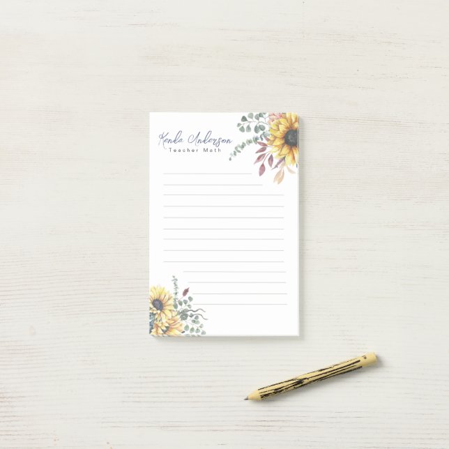 Monogram Elegant Rustic Sunflowers Math Teacher Post-it Notes (On Desk)