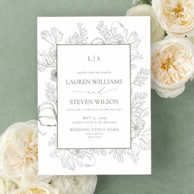 Monogram Elegant Sage Green Floral Line Wedding Invitation (Creator Uploaded)