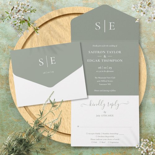 Monogram Elegant Sage Green Minimalist Wedding All In One Invitation