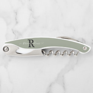 Monogram Elegant Sage Green Script Initial Name Waiter's Corkscrew