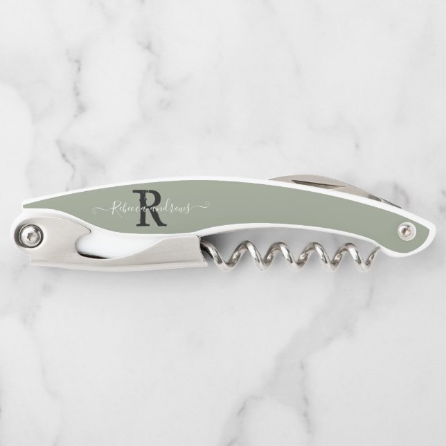 Monogram Elegant Sage Green Script Initial Name Waiter's Corkscrew (Front)