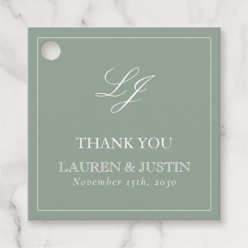 Monogram Elegant Sage Green Thank You Wedding Favor Tags