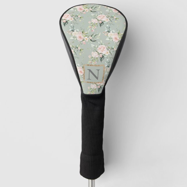 Monogram Elegant Sage Pink Floral Golf Golf Head Cover (Front)