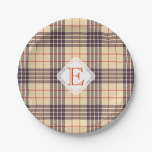 Monogram, elegant Scottish clan beige plaid tartan Paper Plates