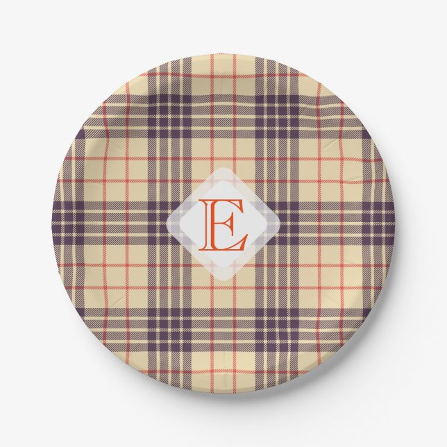 Monogram, elegant Scottish clan beige plaid tartan Paper Plates (Front)