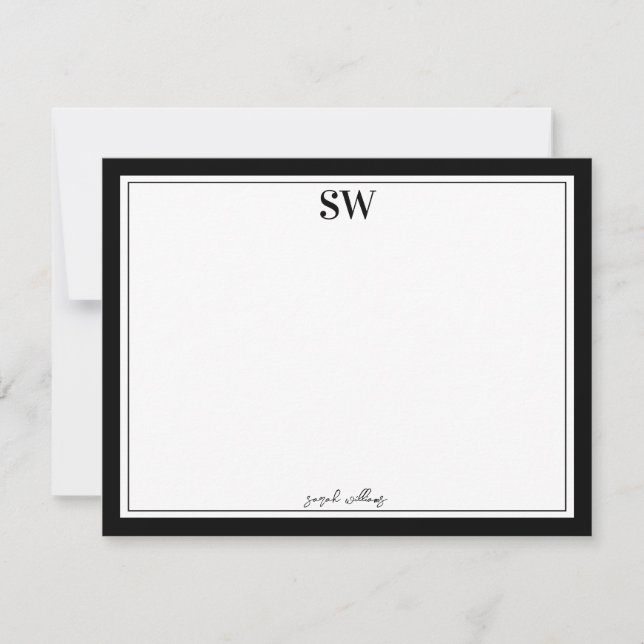 Monogram Elegant Script Black White Border Minimal Note Card (Front)