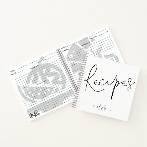 Monogram Elegant Script Black White Recipe Book