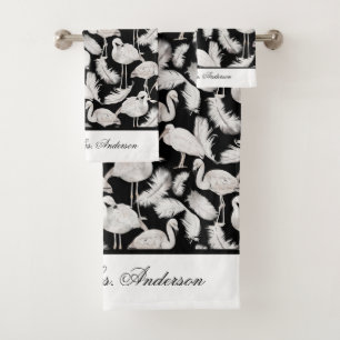 Monogram Elegant Script Black White Swan Feathers Bath Towel Set