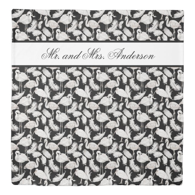 Monogram Elegant Script Black White Swan Feathers  Duvet Cover (Front)