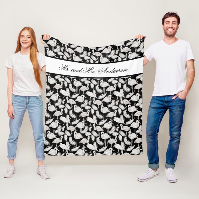 Monogram Elegant Script Black White Swan Feathers Fleece Blanket (In Situ)