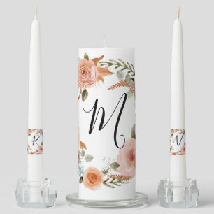 Monogram Elegant Script Bride Groom Blush Wedding Unity Candle Set