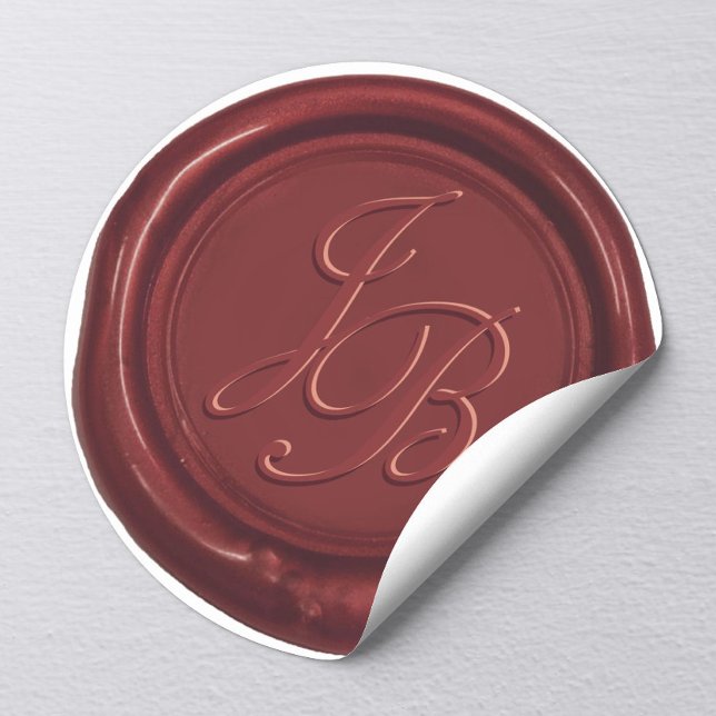 Monogram Elegant Script Burgundy Red Wax Wedding Classic Round Sticker (Creator Uploaded)