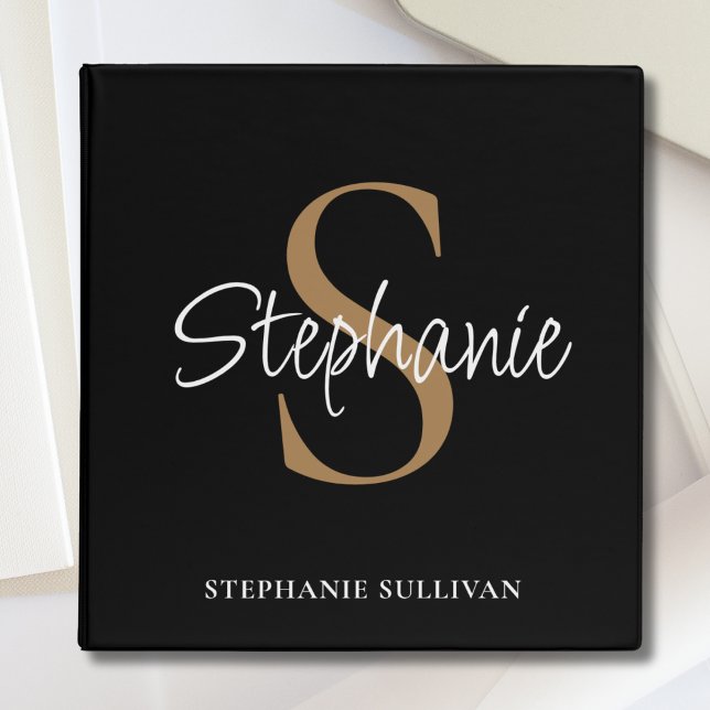  Monogram Elegant Script Name Black Gold 3 Ring Binder (Creator Uploaded)