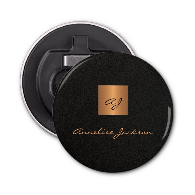 Monogram elegant script name black gold bottle opener (Front)