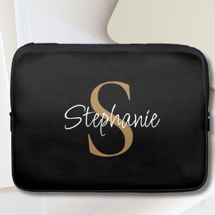 Monogram Elegant Script Name Black Gold Laptop Sleeve