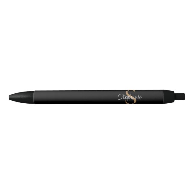 Monogram Elegant Script Name Black Gold  Pen (Front)