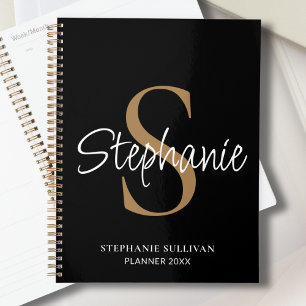 Monogram Elegant Script Name Black Gold  Planner