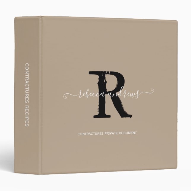 Monogram Elegant Script Name Initial Taupe  3 Ring Binder (Front/Spine)