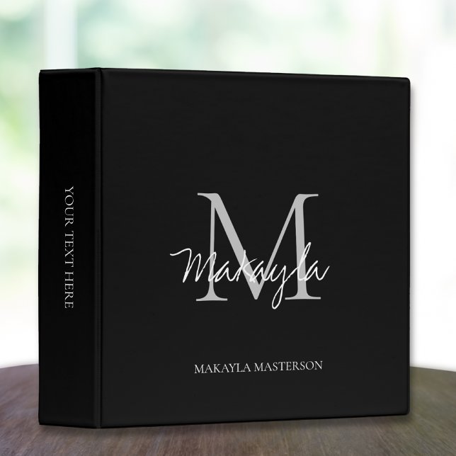 Monogram Elegant Script Office School Black 3 Ring Binder (Creator Uploaded)