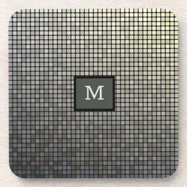 Monogram Elegant Silver & Black Squares Beverage Coaster (Front)