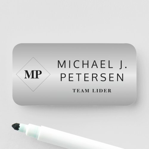 Monogram elegant silver metallic employee name tag