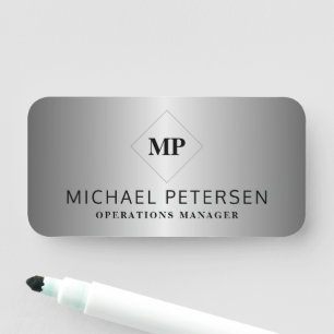 Monogram elegant silver metallic job title name tag