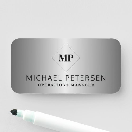 Monogram elegant silver metallic job title name tag