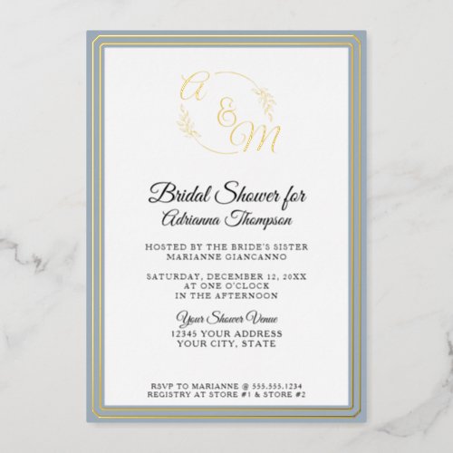 Monogram Elegant Simple Blue n Gold Bridal Shower Foil Invitation