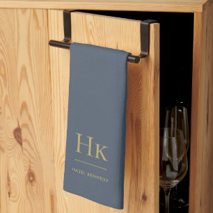 Monogram Elegant Simple Minimal Navy Blue Gold Kitchen Towel