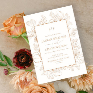 Monogram Elegant Terracotta Floral Line Wedding Invitation