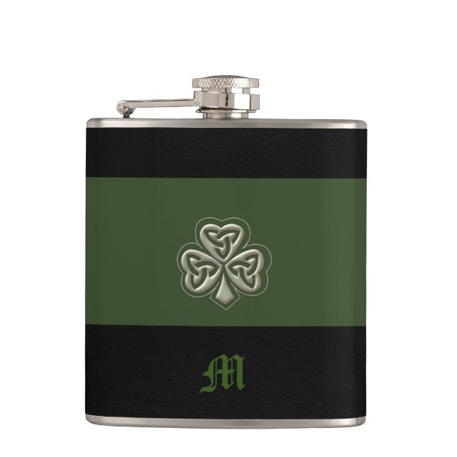 Monogram Elegant trendy lucky Irish shamrock Flask (Front)