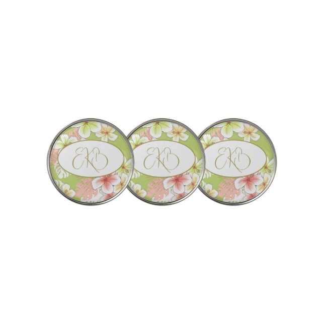 Monogram  Elegant Tropical Floral Golf Ball Marker (3 Up)