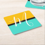 Monogram Elegant Turquoise & Amber Solid Color Square Paper Coaster<br><div class="desc">Monogram Elegant Turquoise & Amber Solid Color. Design is available on other products.</div>