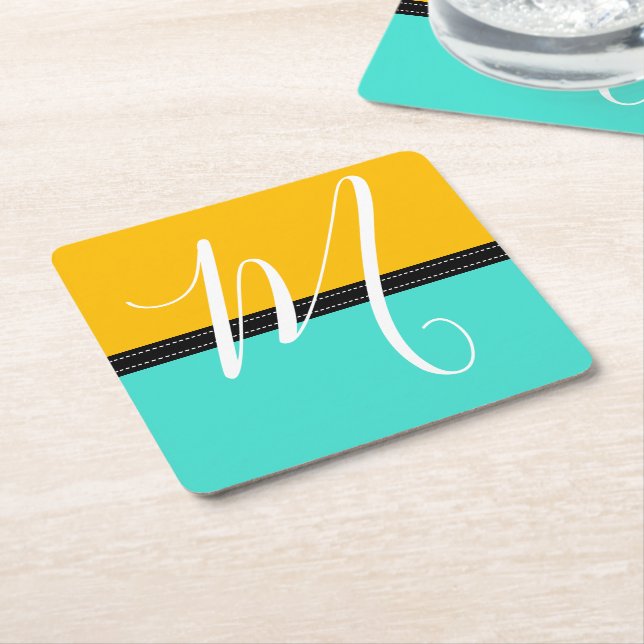 Monogram Elegant Turquoise & Amber Solid Color Square Paper Coaster (Angled)