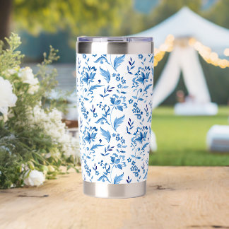 Monogram Elegant Vintage Blue Floral Pattern Insulated Tumbler