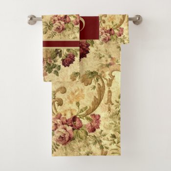 Monogram Elegant Vintage Floral Burgundy Rose   Bath Towel Set by Susang6 at Zazzle