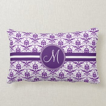 Monogram Elegant Vintage Purple And White Damask Lumbar Pillow by PrettyPatternsGifts at Zazzle