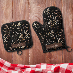 Monogram Elegant Watercolor Brown Floral Oven Mitt & Pot Holder Set