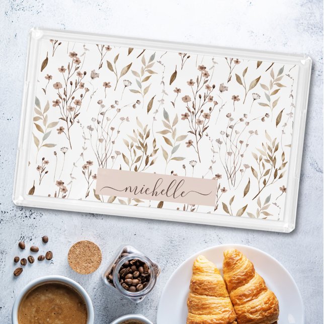 Monogram Elegant Watercolor Dried Flowers Leaves Acrylic Tray (In situ)