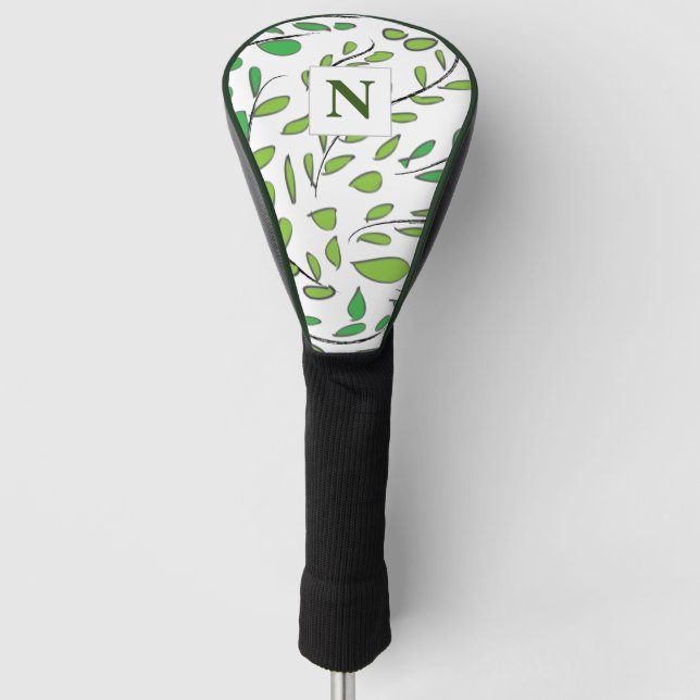 Monogram Elegant Watercolor Green Leaves Pattern Golf Head Cover (Front)