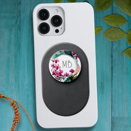 Monogram Elegant Watercolor Purple Orchid Flowers PopSocket