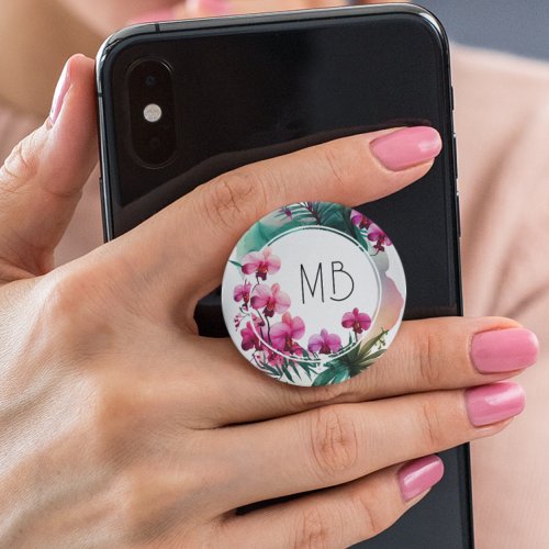 Monogram Elegant Watercolor Purple Orchid Flowers PopSocket