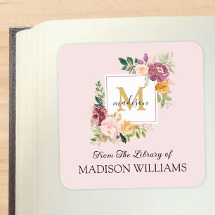 Monogram Elegant Watercolor Rose Floral Bookplate