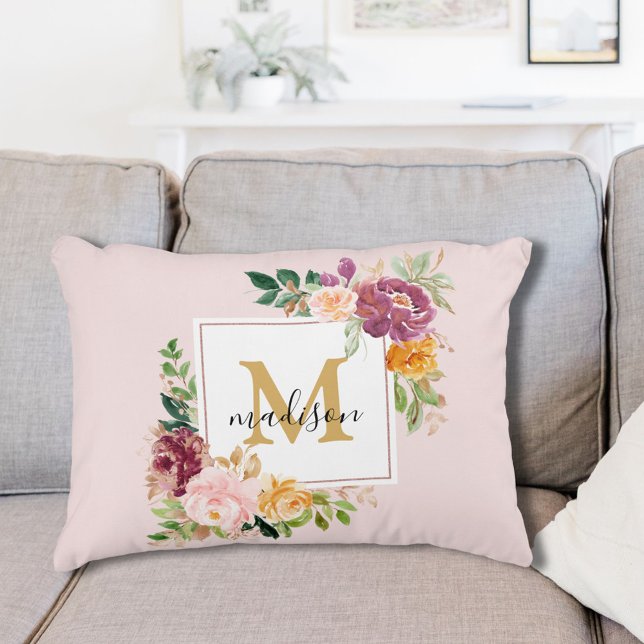 Monogram Elegant Watercolor Rose Floral Botanical Accent Pillow (In situ)