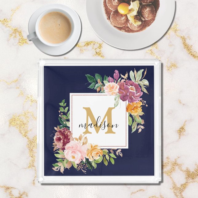 Monogram Elegant Watercolor Rose Floral Botanical Acrylic Tray (In situ)