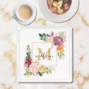 Monogram Elegant Watercolor Rose Floral Botanical Acrylic Tray