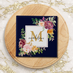 Monogram Elegant Watercolor Rose Floral Botanical Button